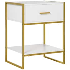 HOMCOM Bedside Table with Storage Drawer and Open Shelf, Modern Nightstand, Side Table with Metal Frame for Bedroom, Living Room, White