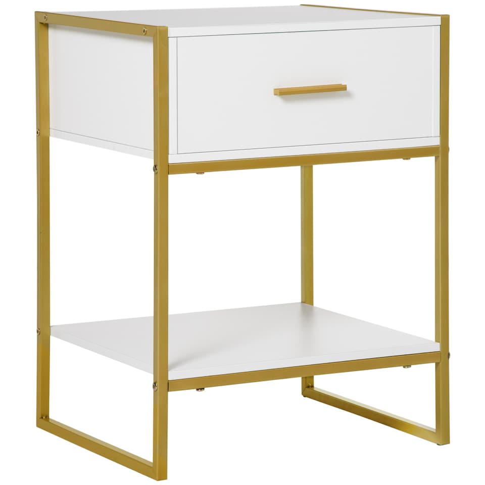 image 1 of HOMCOM Bedside Table with Storage Drawer and Open Shelf, Modern Nightstand, Side Table with Metal Frame for Bedroom, Living Room, White