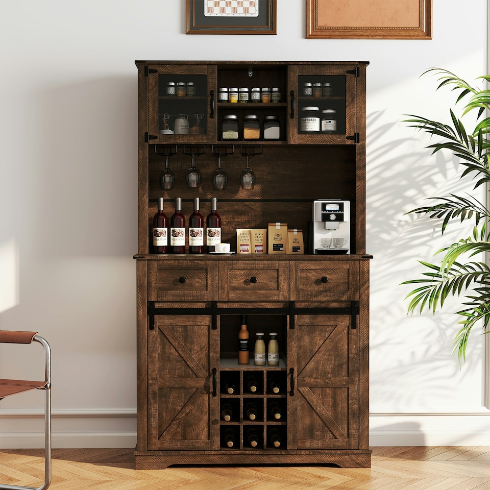 image 1 of COSTWAY 184cm Tall Kitchen Cupboard Buffet Storage Cabinet Brown