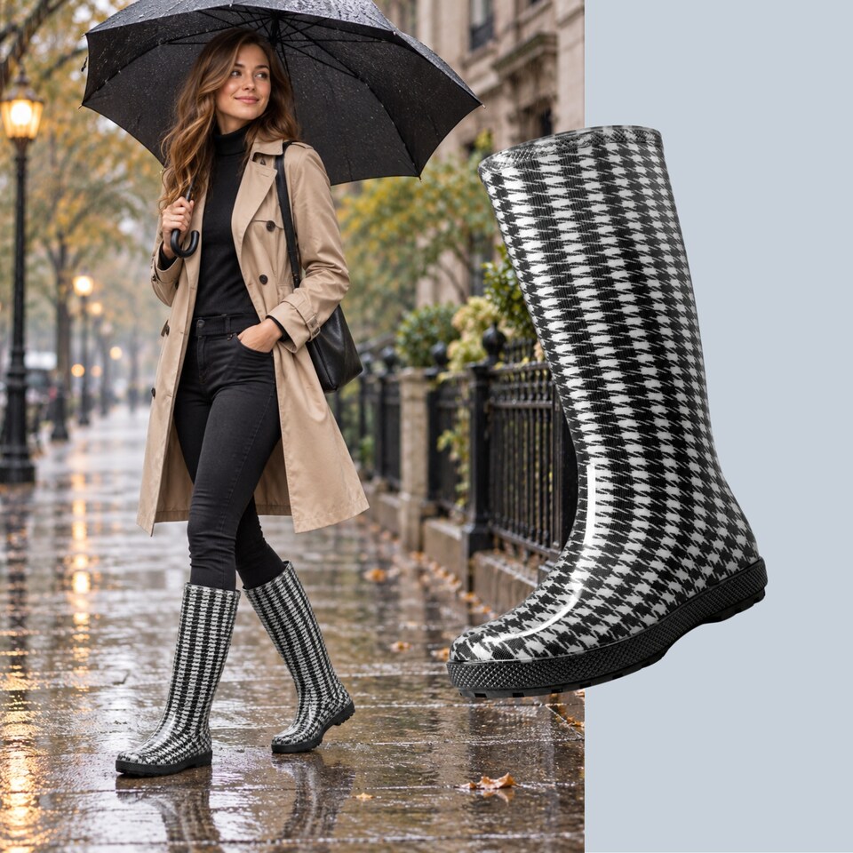 image 1 of Hawai Lady Women's Black Houndstooth PVC Rain Wellies EU36