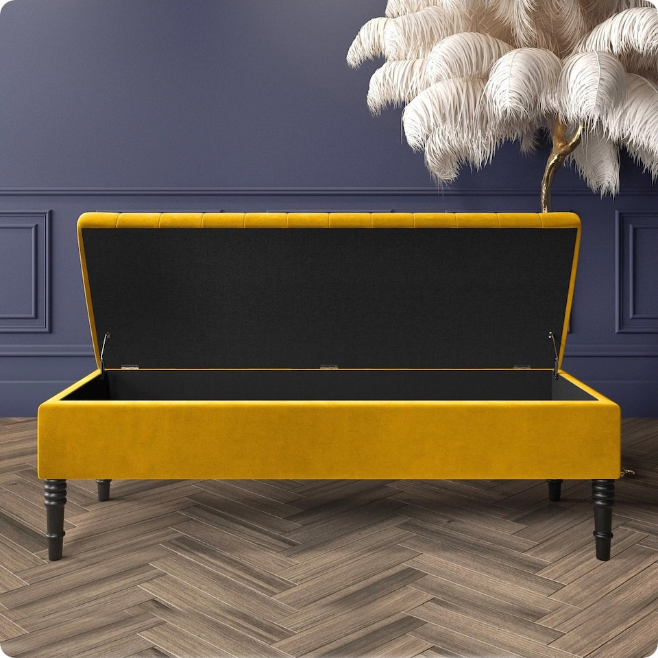 image 1 of Safar 90cm Ottoman Storage Bench - Plush Velvet Shoe Bench - Mustard Gold Lined Upholstery Storage Footstool