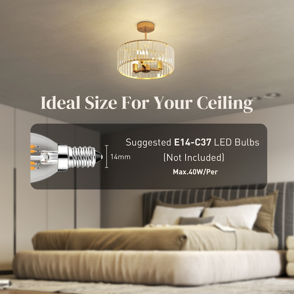 image 1 of HOMCOM Semi Flush Mount Modern Crystal Chandelier Ceiling Light, Gold Tone
