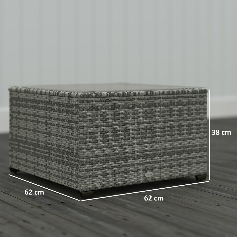 image 1 of Outsunny Outdoor Coffee Table with Glass Top, Rattan Side Table, Light Grey