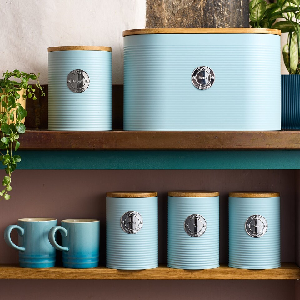 image 1 of Cooks Professional 5 Piece Ribbed Tea Coffee Sugar Bread & Biscuit Cannisters with Labels | Blue | Blue & Silver