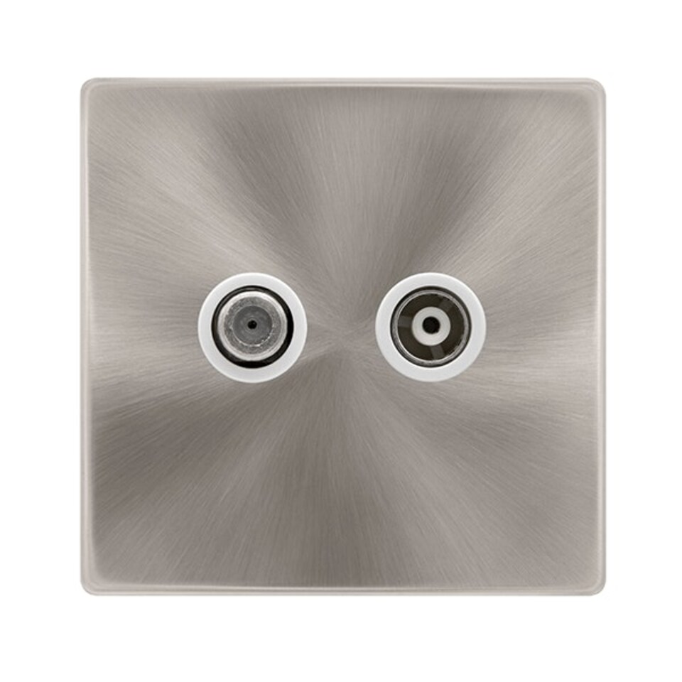 SE HOME Brushed Steel Screwless Plate Satellite & Coaxial Socket 1 Gang - White Trim - SE Home White | Brushed Steel