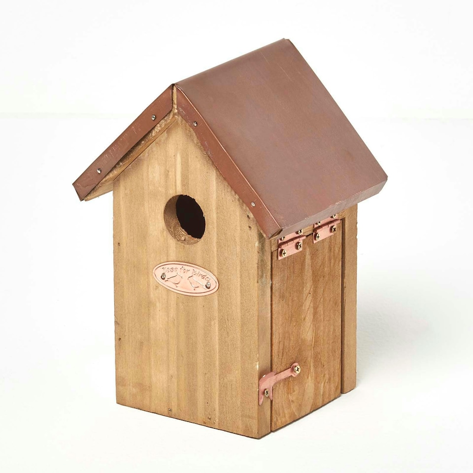 image 1 of Homescapes Real Wood Bird Box House with Copper Roof Brown