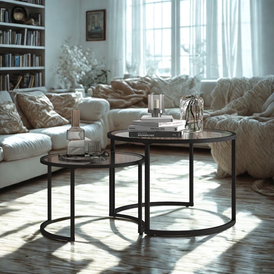 image 1 of Set Of 2 Round Black Nesting Tables With Tempered Glass Top