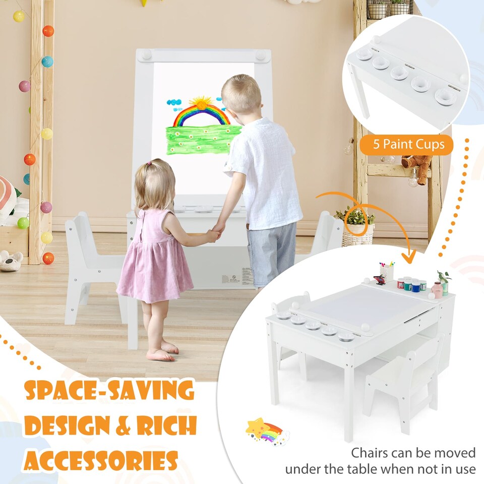 image 1 of COSTWAY 2-in-1 Kids Wooden Art Table and Art Easel Set With Chairs Storage Bins Paper Roll