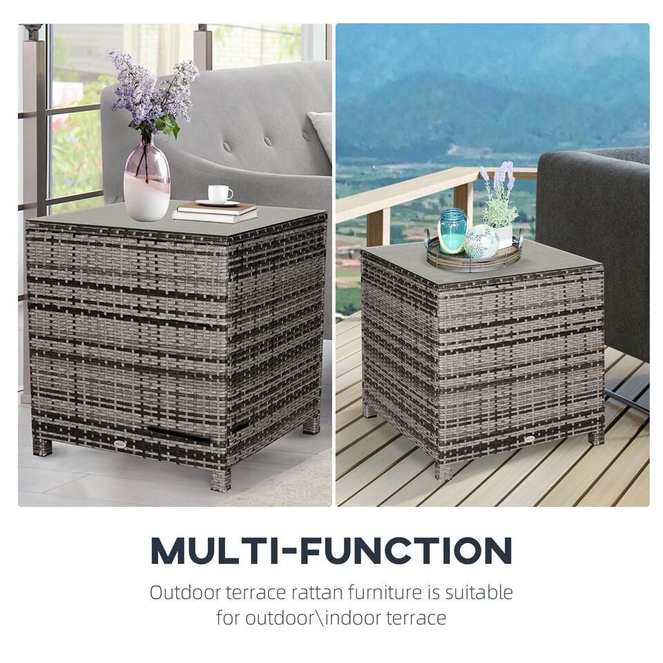 image 1 of Outsunny Patio PE Rattan Side Table, Square Outdoor Coffee Table w Tempered Glass Top, Mixed Grey