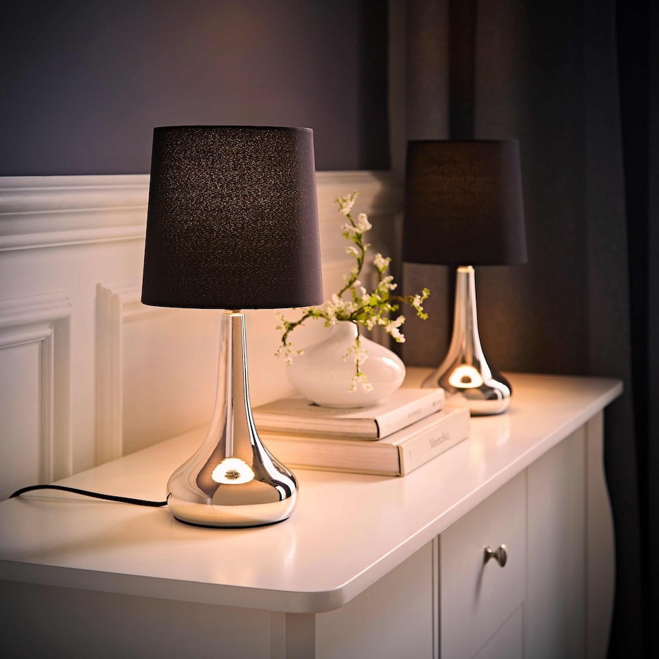 image 1 of ValueLights Teardrop Pair Chrome Touch Table Lamps Black Shade & Bulbs | Black