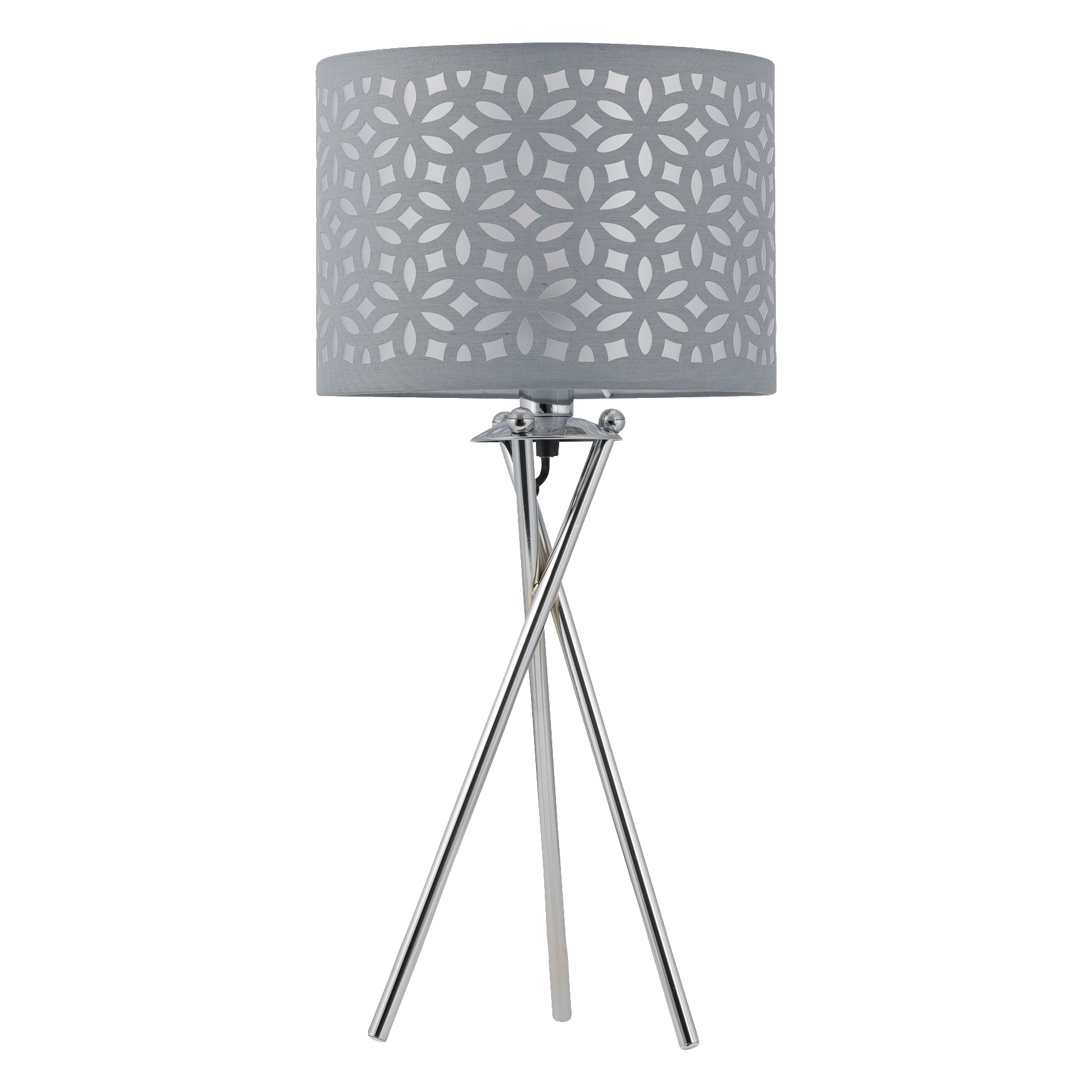 First Choice Lighting Chrome Tripod Table Lamp with Grey Laser Cut Shade in Silver