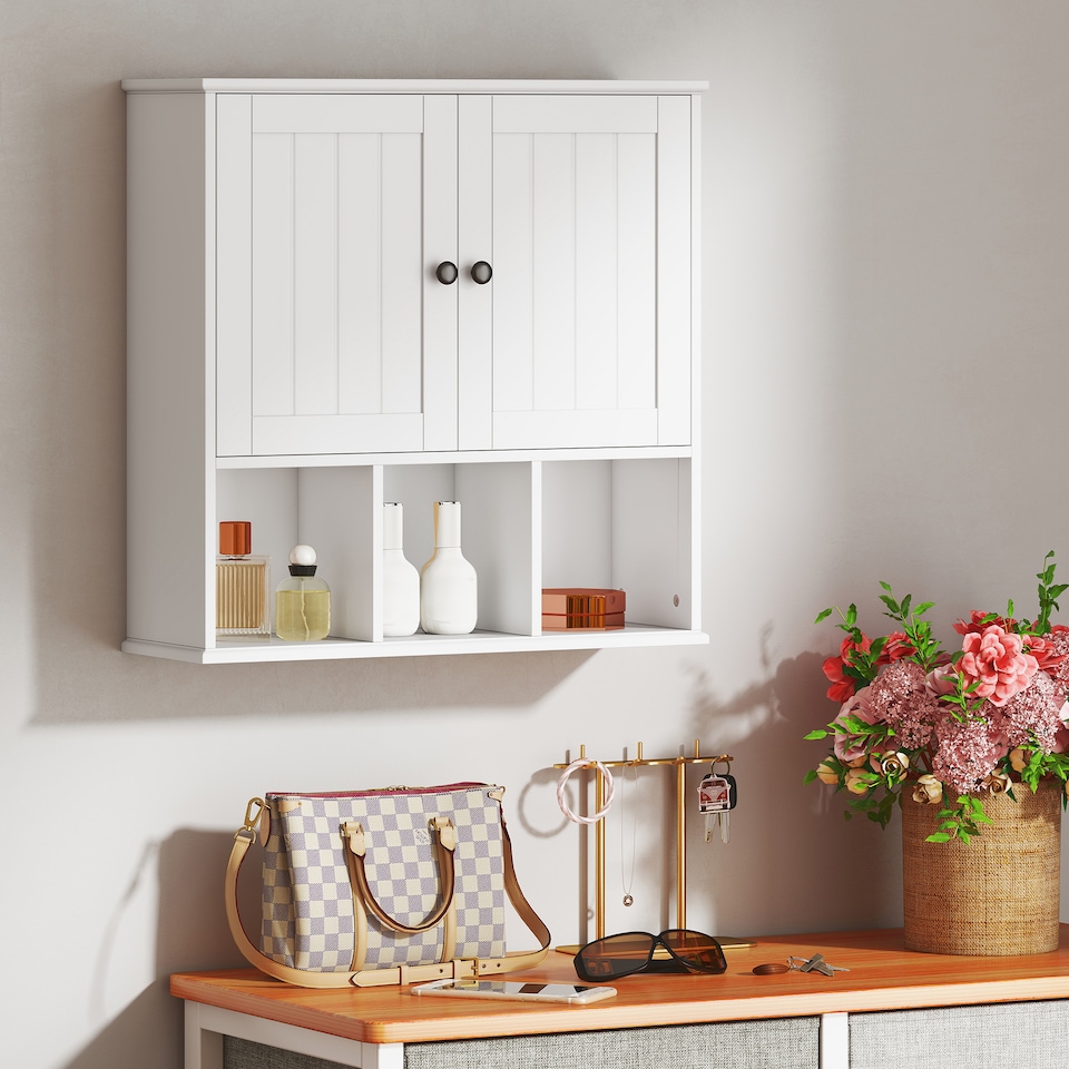 image 1 of HOMCOM Farmhouse Bathroom Wall Cabinet, Wall Mounted Medicine Cabinet with Adjustable Shelf, Open Compartments and 2 Doors, Storage Organiser Over The Toilet, White