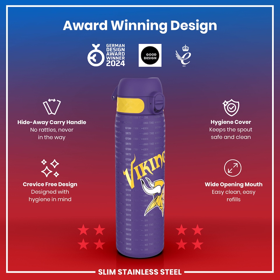 image 1 of Leak Proof Slim Water Bottle, Stainless Steel, NFL, 600ml (20oz) | Purple | NFL Vikings | One Size