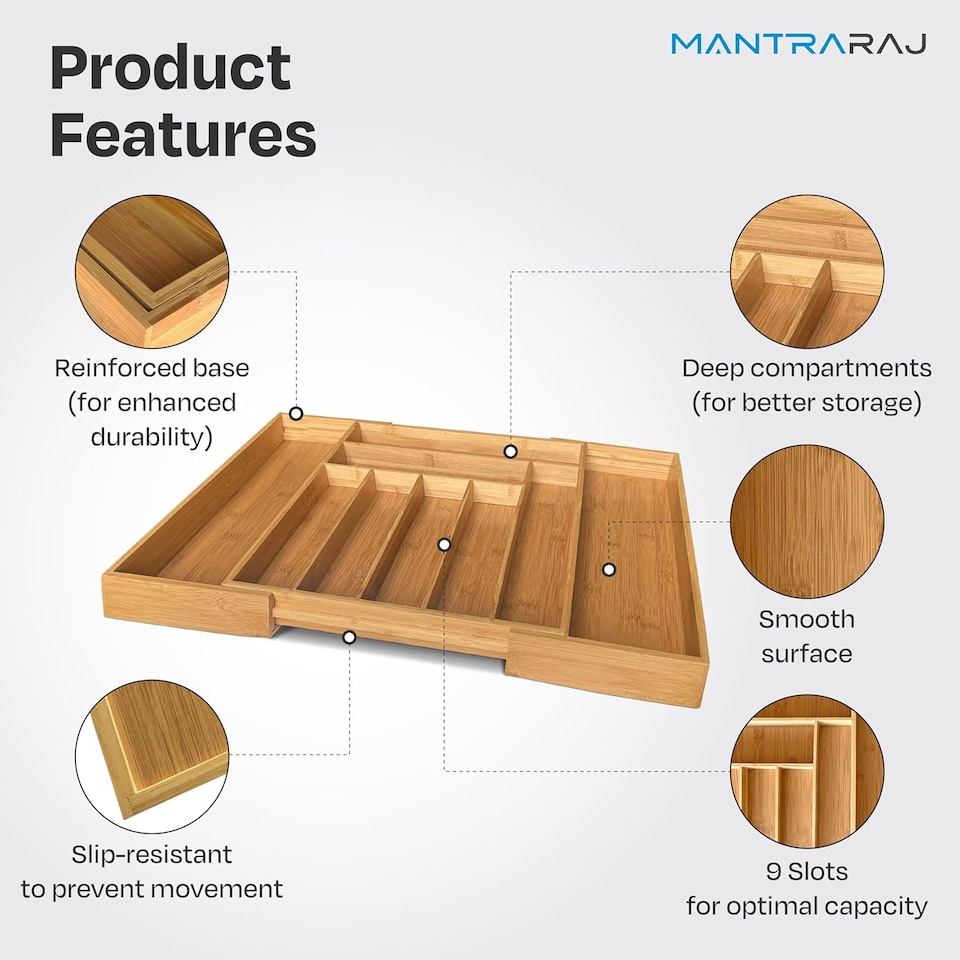 image 1 of MantraRaj Bamboo Expandable Wooden Cutlery Tray Holder Kitchen Drawer Organiser