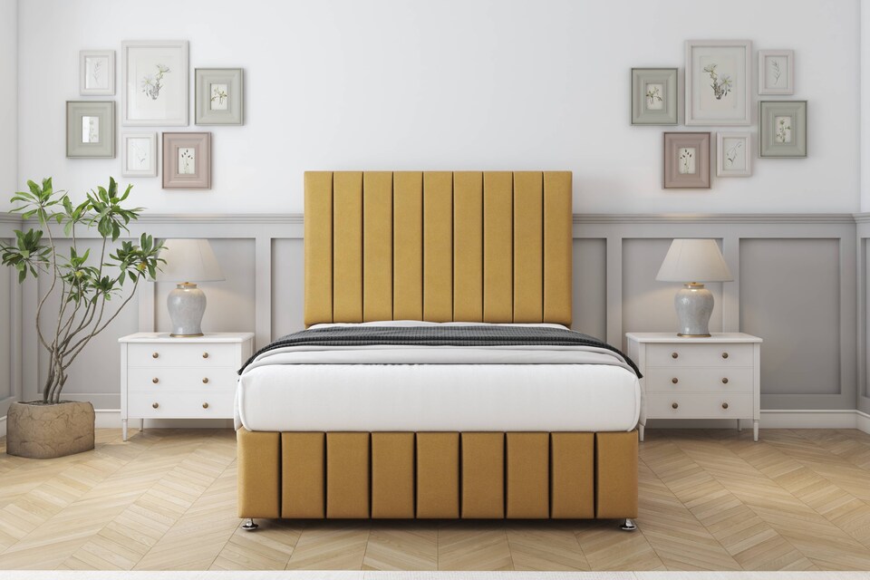 image 1 of Sloomy California Mustard Plush Divan Bed With Mattress 2 Drawers Right Side With 54" Floor Standing Headboard & 12" Matching Footboard 6' Super King | Gold | Mustard | Super King | 1