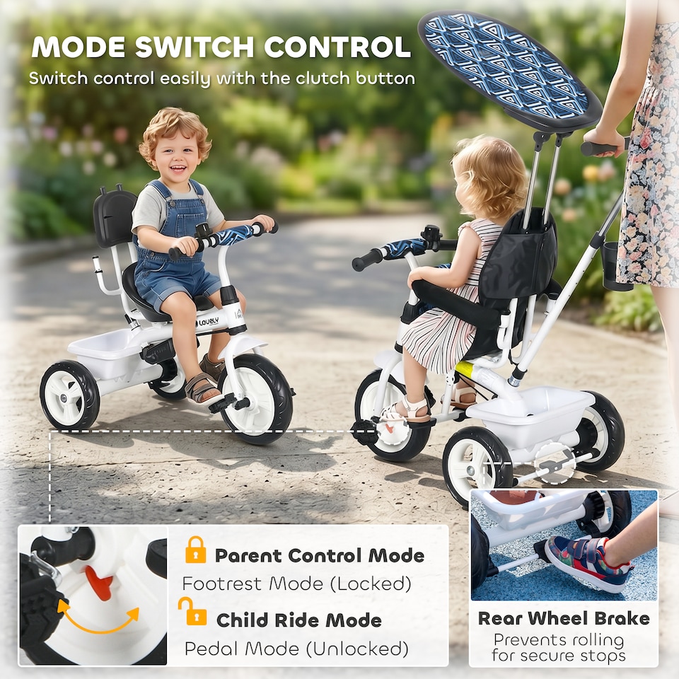 image 1 of HOMCOM 6 in 1 Kids Tricycle w/ Removable Handle for 1.5+ year, Blue