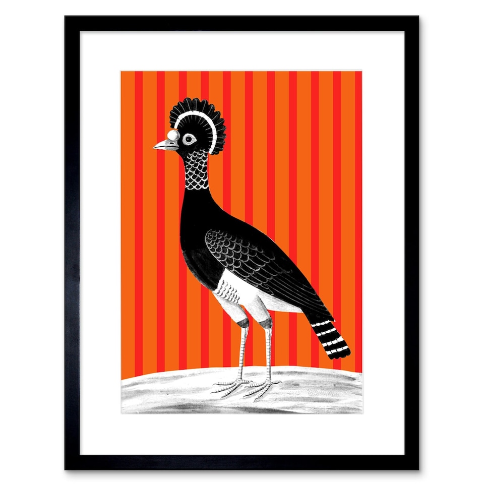 image 1 of Crowned Crane Orange Stripes Modern Bold Animal 9x7" Black Framed Wall Art Print