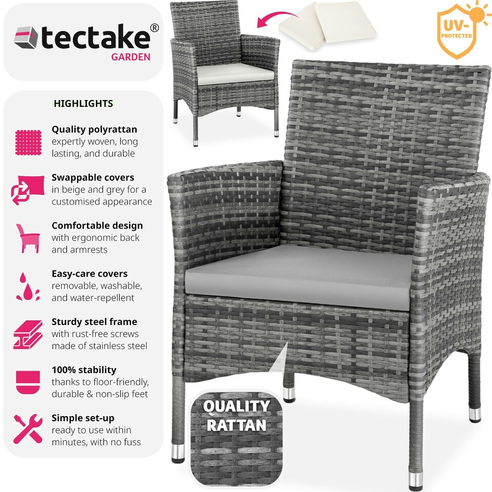 image 1 of Garden Chair Nantes Set of 2 - durable polyrattan, 2 sets of cushion covers Grey | Light Grey