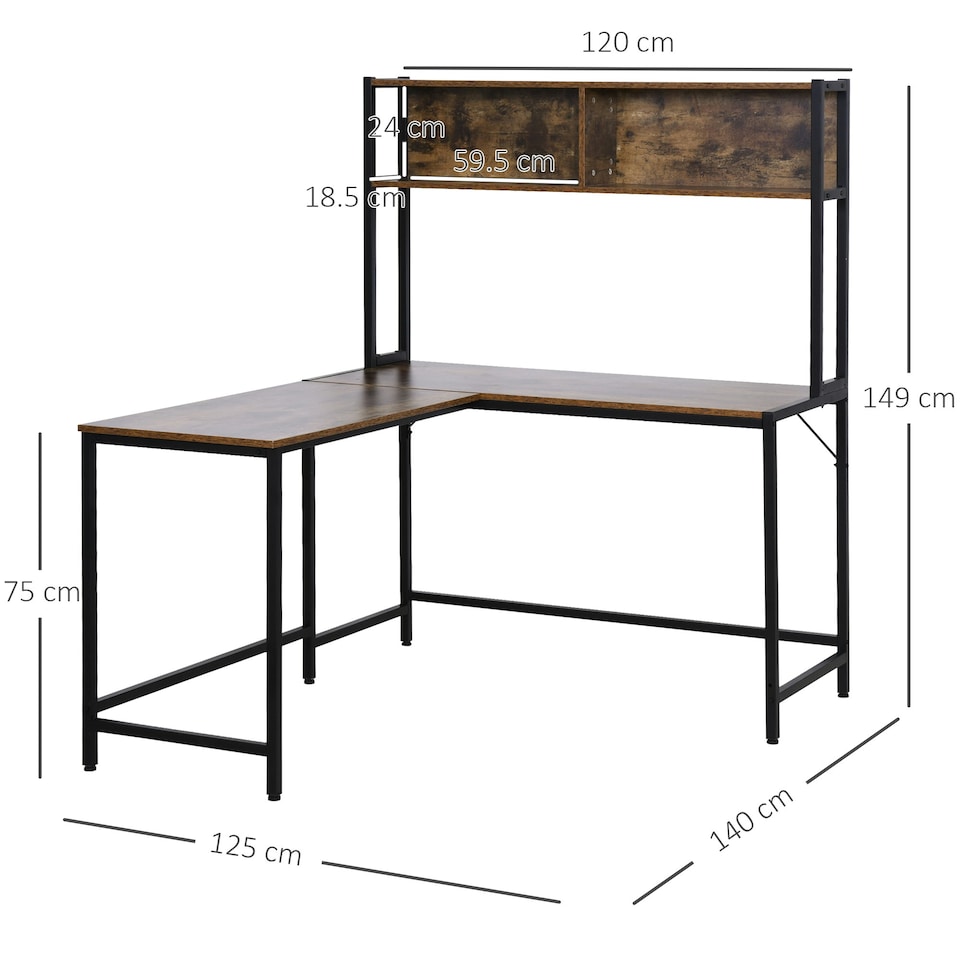 image 1 of HOMCOM Industrial L-Shaped Work Desk & Storage Shelf Steel Frame Adjustable Feet