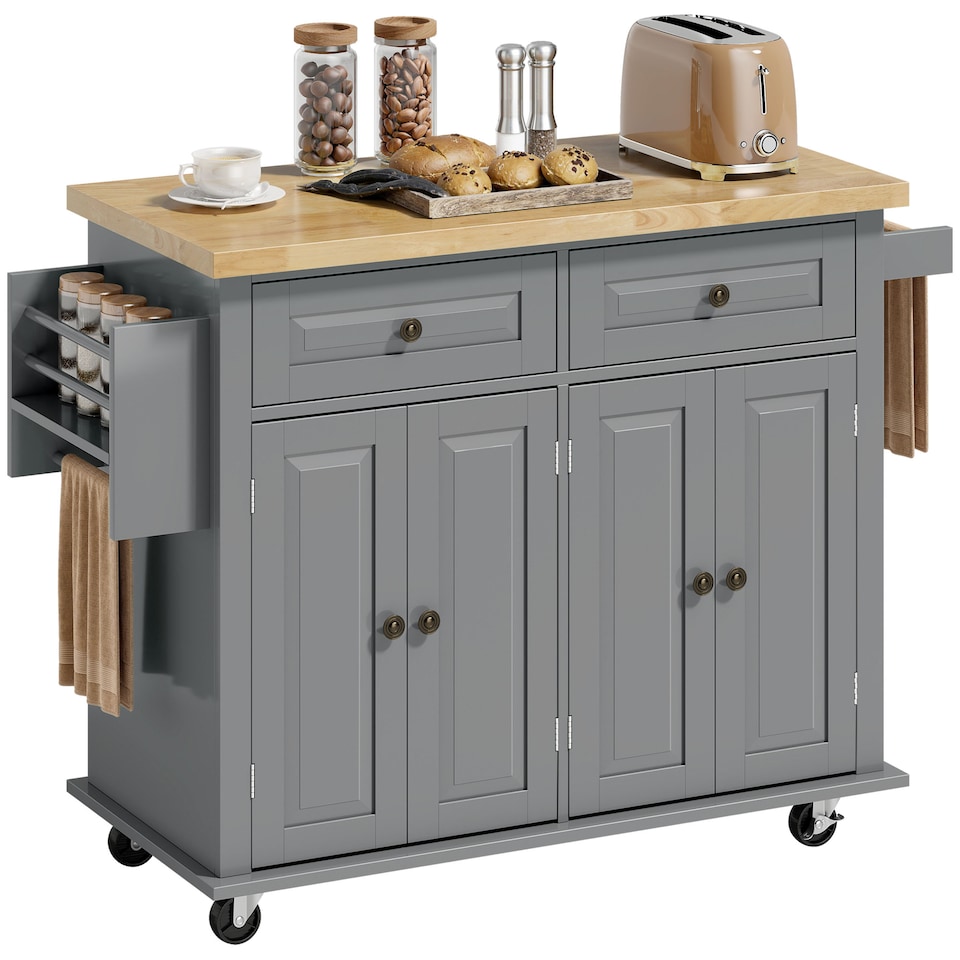 image 1 of HOMCOM Kitchen Island on Wheels, Rolling Kitchen Storage Trolley with Rubber Wood Top, Drawers, Adjustable Shelves, Towel and Spice Rack for Dining Room, Grey