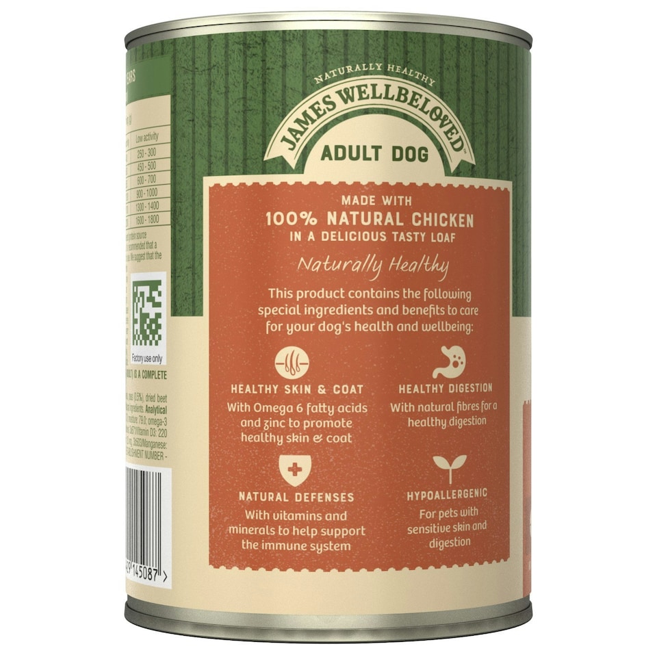 image 1 of James Wellbeloved Adult Wet Dog Food Tins Chicken & Rice In Loaf 12 x 400g