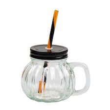 Halloween Pumpkin Glass Jar with Straw 350ml