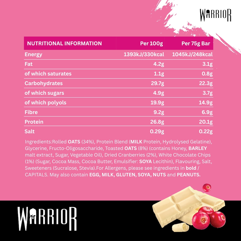 image 1 of Warrior RAW Protein Bars 12 x 75g – 20g High Protein Bar, Low Sugar High Fibre Oat Protein Flapjack – Protein Snacks, Meal Replacement Bars (White Chocolate Cranberry)