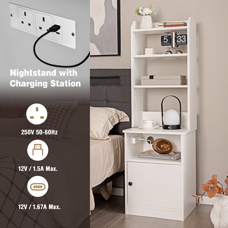 image 1 of COSTWAY 6-Tier Nightstand w/ Charging Station White
