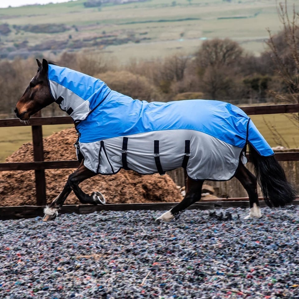 image 1 of eQuitack 600D 2 in 1 Waterproof Fly Turnout Mesh Horse Rug Fixed Neck Blue/Grey 6'0''