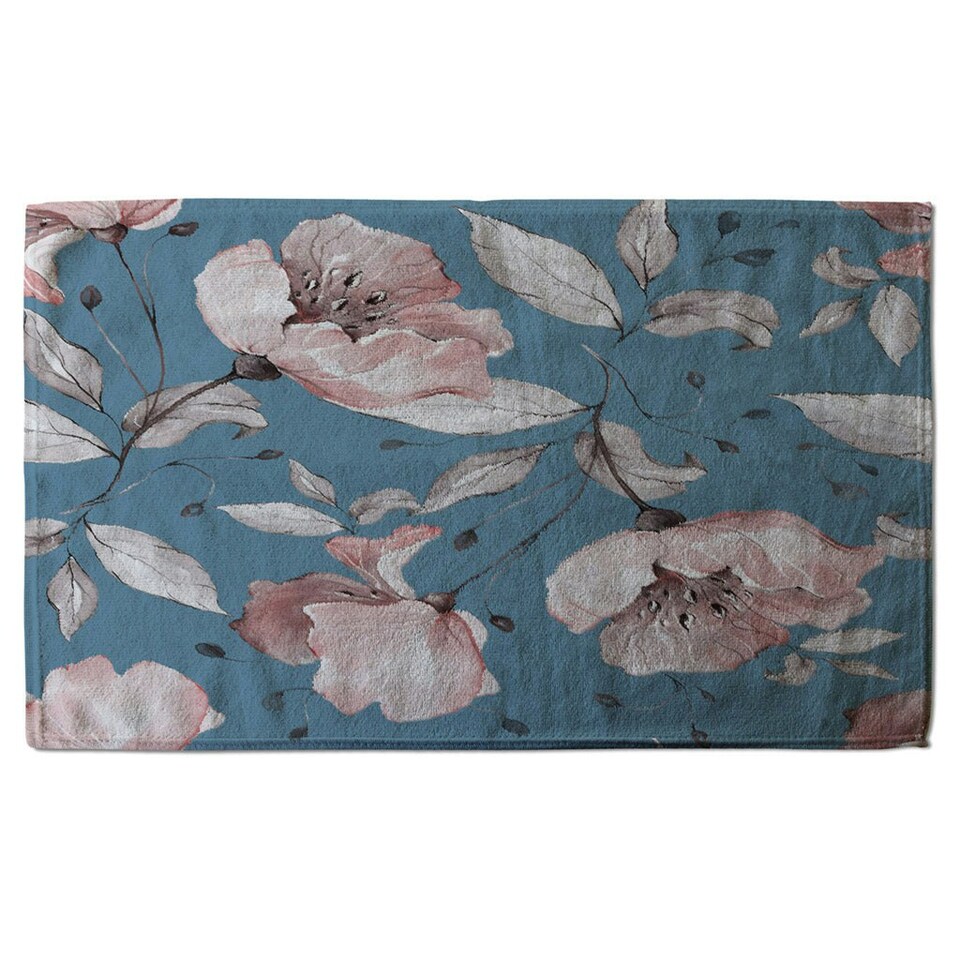 image 1 of Pink Flowers on Blue (Kitchen Towel)