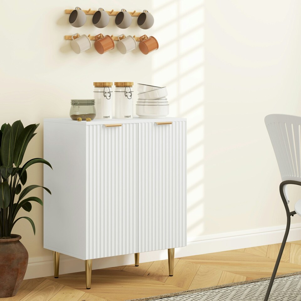 image 1 of HOMCOM Sideboard Buffet Cabinet with Adjustable Shelf, White White | Gold handles and legs