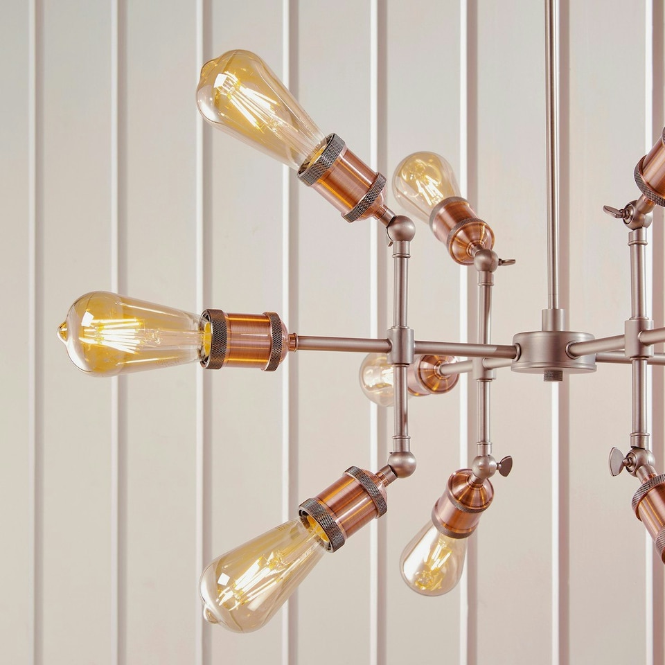 image 1 of Hal Large Industrial Style Multi Arm Pendant Light, Aged Pewter & Copper with Adjustable Heads