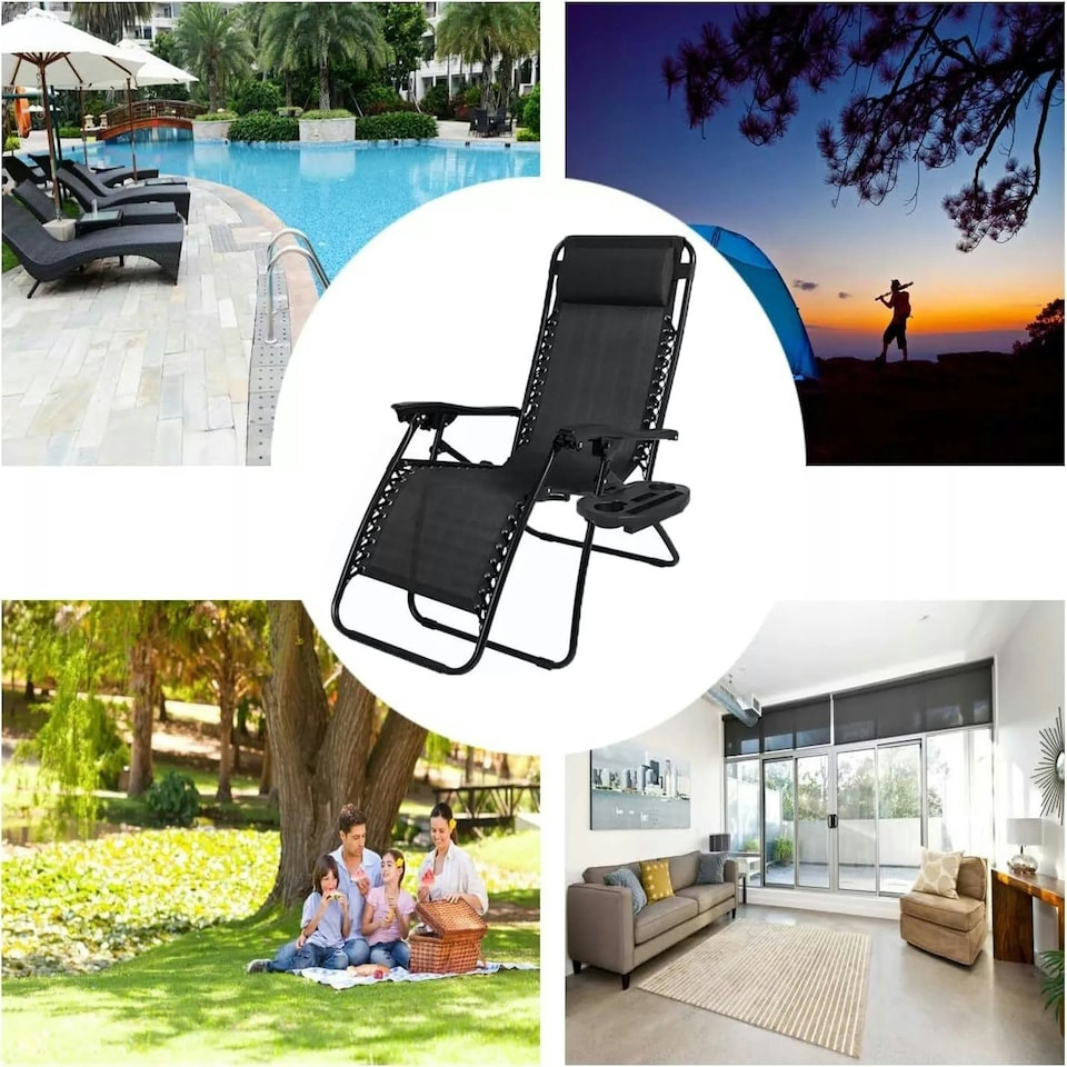 image 1 of Zero Gravity Garden Chair Outdoor Reclining Sun Lounger Portable Beach Recliner Black