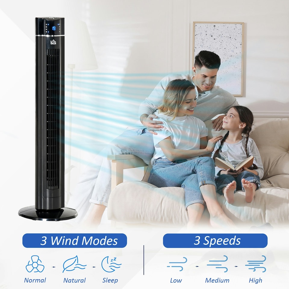 image 1 of HOMCOM Tower Fan Anion Cooling Bedroom with Oscillating, Remote, Black