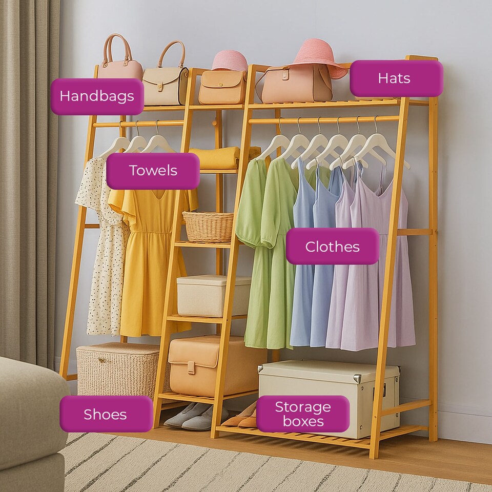 image 1 of Neo Natural Bamboo Freestanding Open Clothes Rack Storage Rail Coat Stand Shelf Hanging Entryway Bedroom Bathroom and Office