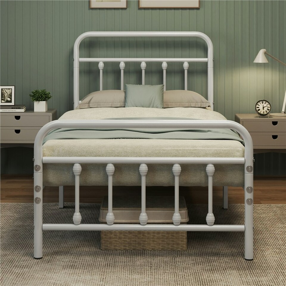 image 1 of Yaheetech 3ft Single Vintage Iron Platform Bed with High Headboard White