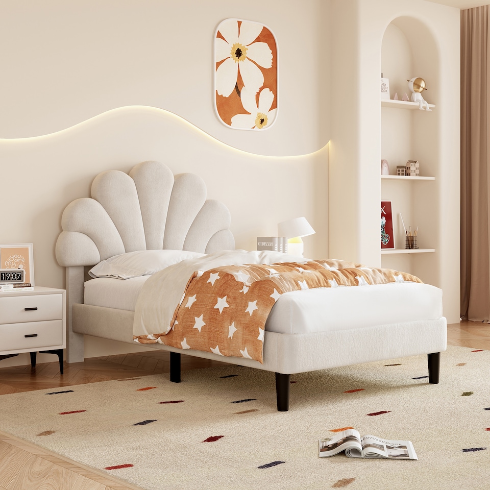image 1 of Abrihome 3FT Single Velvet Upholstered Bed Frame 90x190cm with Adjustable Petal Headboard, Solid Wood Slats, No Box Spring Needed, Beige