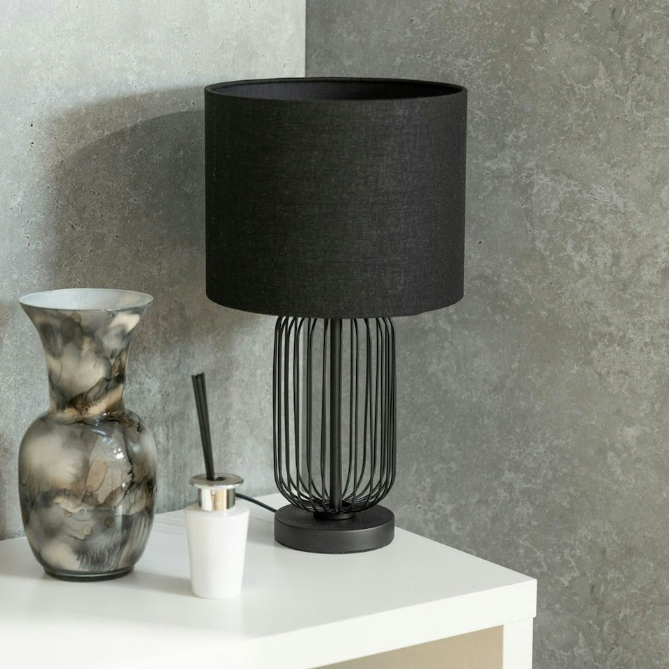 image 1 of ValueLights Gabbia Pair of Black Wire Cage Metal Bedside Dimmer Touch Table Lamps with Fabric Drum Lampshade