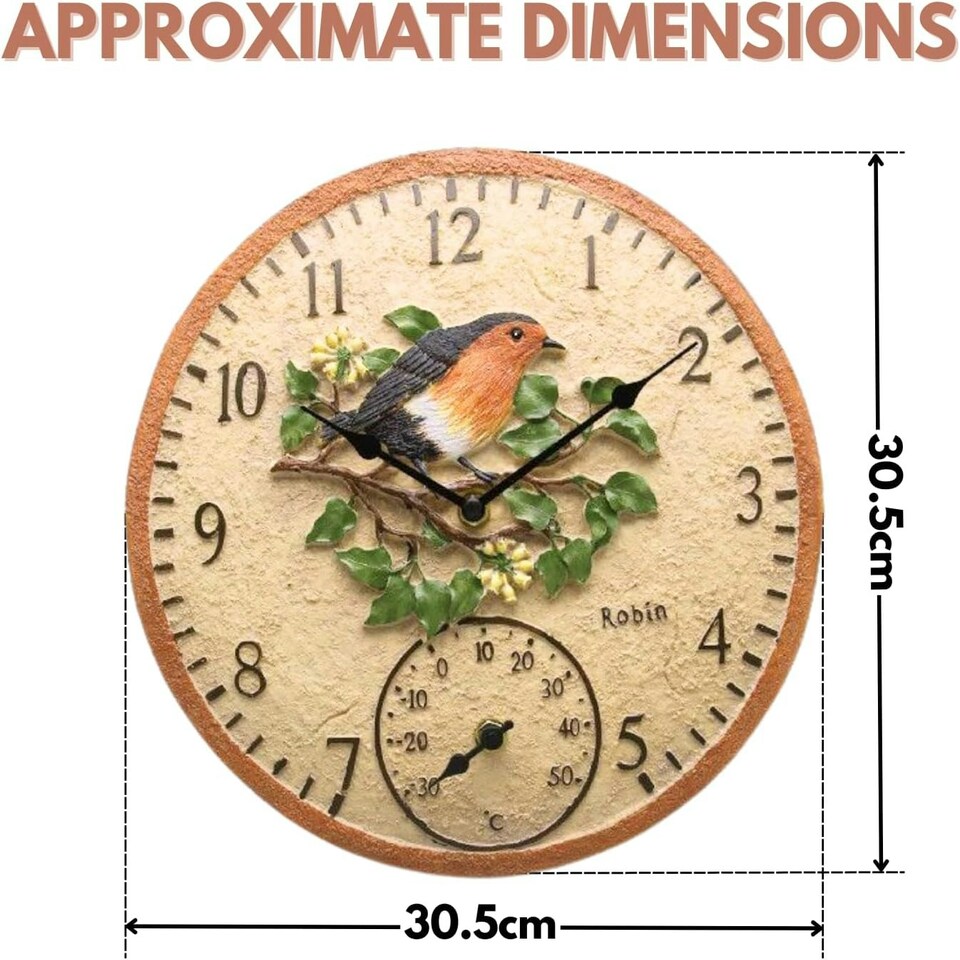 image 1 of Marco Paul 30cm Robin Garden Clocks with Thermometer N/A