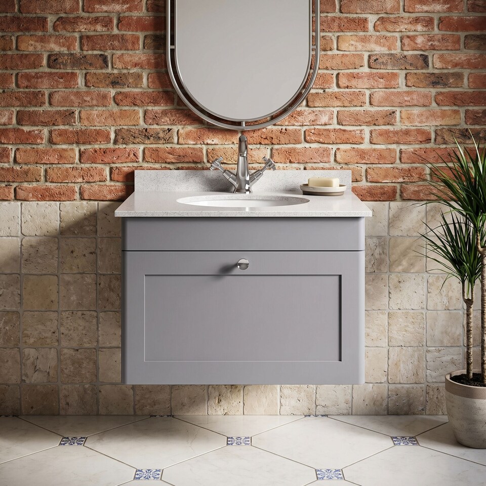 image 1 of Balterley Swynnerton Traditional 1 Drawer Wall Hung Vanity Unit with Marble Basin, Satin Grey, 600mm