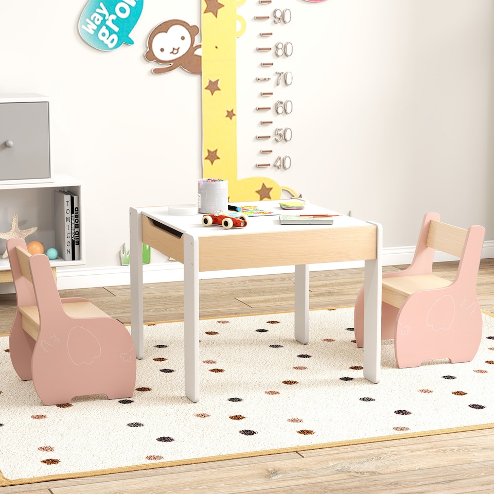 image 1 of COSTWAY Wooden Kids Table and Chair Set with Storage Pink