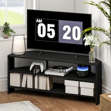 HOMCOM Corner TV Stand for 47 Inch Television, Modern TV Unit with 2 Open Shelves for Living Room, Bedroom, Black | Black