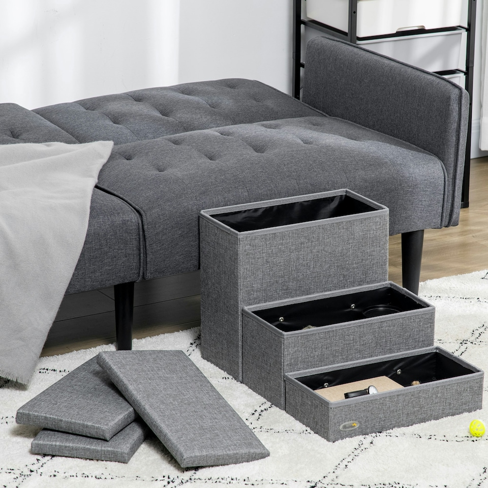 image 1 of PawHut 3 Step Dog Steps with Storage Boxes, Cat Stairs for Bed Sofa, Light Grey