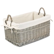 Medium Shallow Antique Wash Lined Storage Wicker Basket | White | White