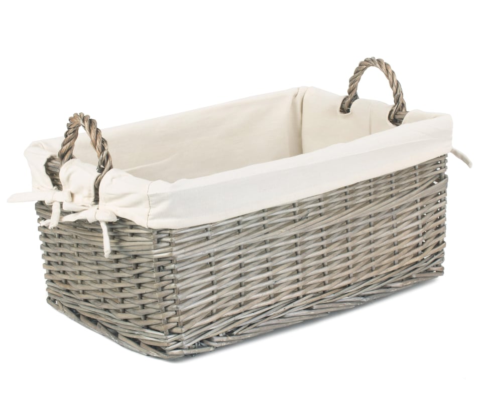 image 1 of Medium Shallow Antique Wash Lined Storage Wicker Basket | White | White