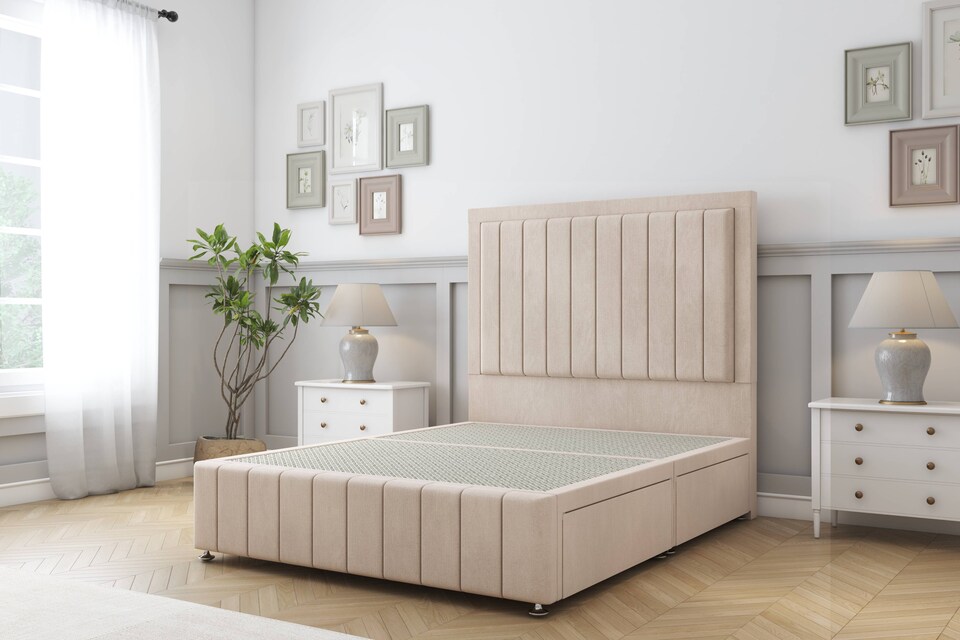 image 1 of Sloomy Pemberton Sand Naples Divan Bed Base 4 Drawers With 54 Inch Floor Standing Headboard & 12 Inch Matching Footboard | Cream | Sand | Super King | 1
