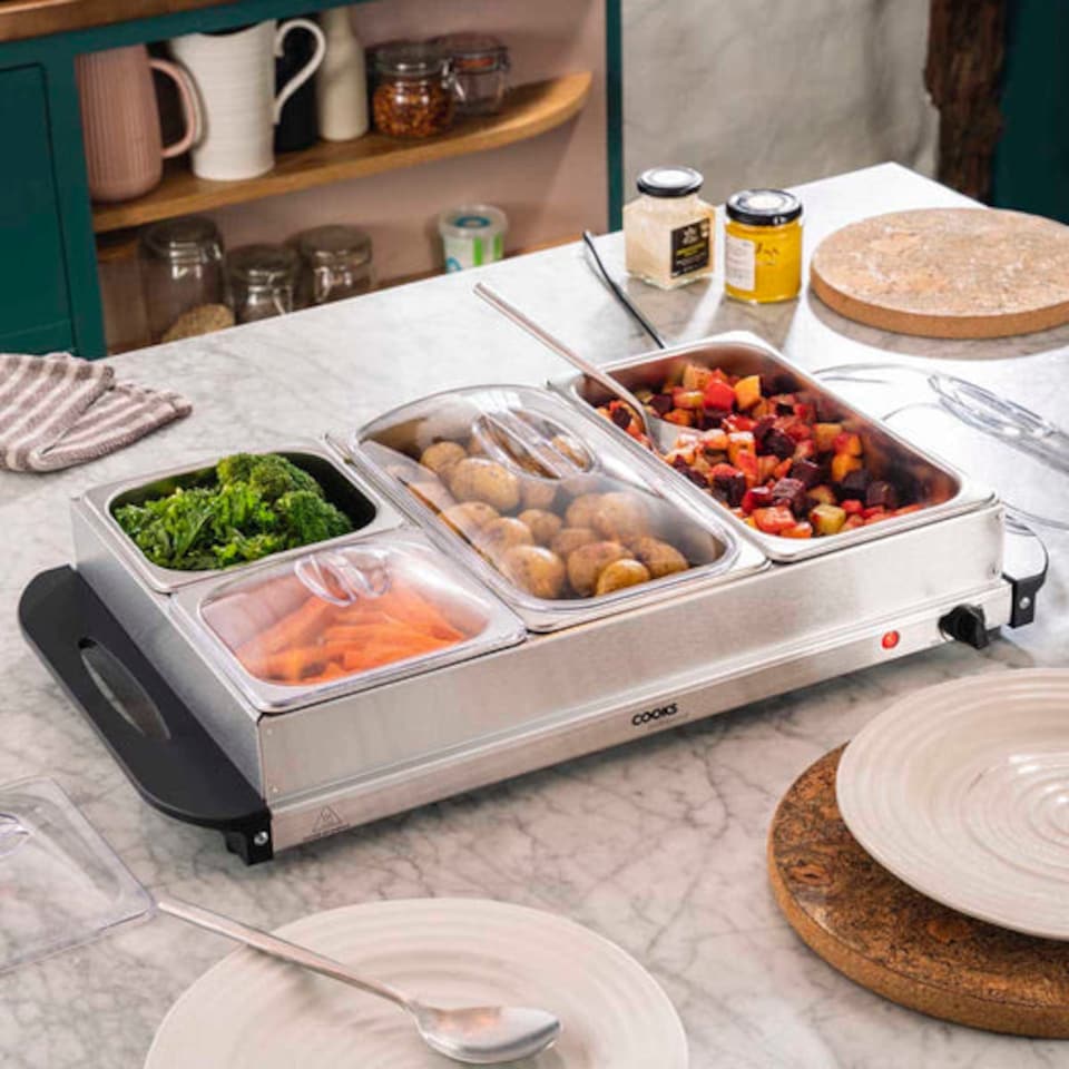 image 1 of Cooks Professional 4-Section Buffet Warmer 7.2L with Hotplate Function | Silver | Silver