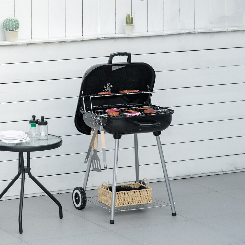 image 1 of Outsunny BBQ Charcoal Smoker Grill Trolley with 2 Wheels and Grilling Utensils