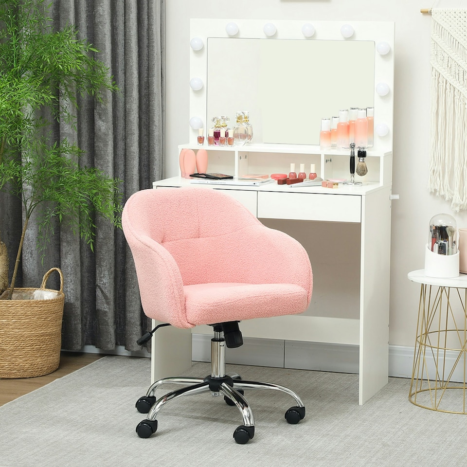 image 1 of HOMCOM Fluffy Vanity Chair for Desk, with Height Adjustable, Wheels, Pink | Pink | One Size