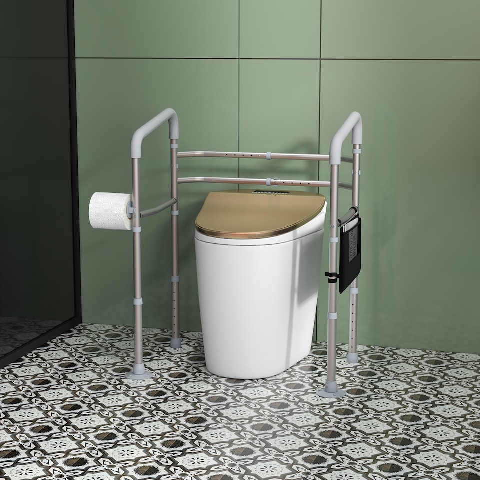 image 1 of HOMCOM Freestanding Toilet Frame, 136kg MaLoad Toilet Safety Frame with Adjustable Height and Width, Arms, 2 Suction Cups, Storage for Elderly, Senior, Disabled, Handrail Grab Bar,